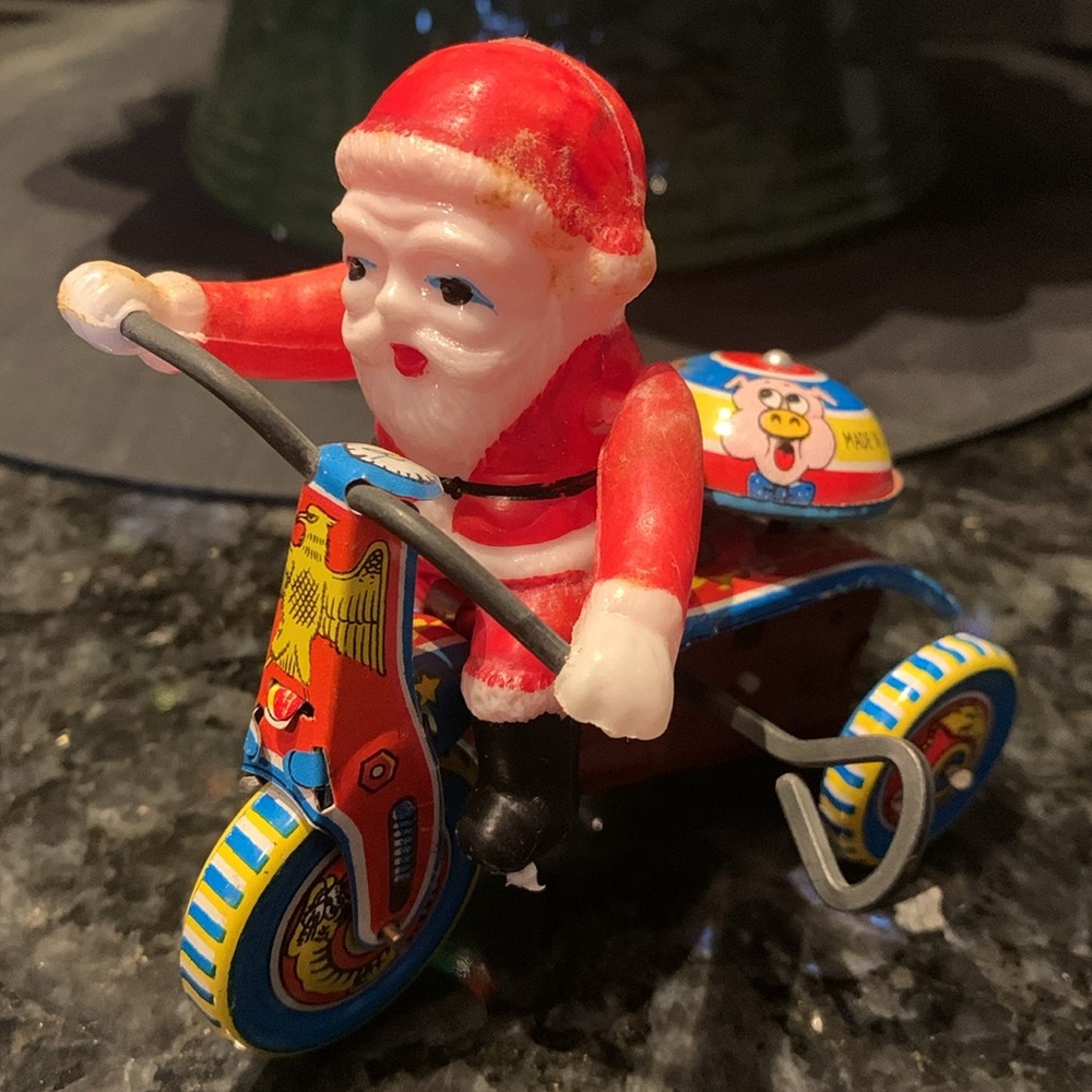 Vintage 1950s Aoki Santa Claus Rides a Bike/Mechanical Wind-up Santa /Works